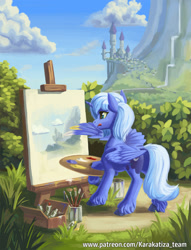 Size: 1500x1963 | Tagged: safe, artist:kirillk, princess luna, alicorn, pony, fanfic:twilight's nightmare, g4, blue sky, bush, canterlot, canterlot castle, canvas, cloud, cloudy, drawing, easel, female, field, grass, hoof hold, hooves, horn, mare, outdoors, paint, paintbrush, painting, s1 luna, scenery, solo, tongue out, unshorn fetlocks, water, waterfall, wing hands, wings