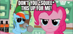 Size: 720x330 | Tagged: safe, artist:alligator tub productions, edit, pinkie pie, rainbow dash, earth pony, pegasus, pony, g4, angry, animated, bipedal, bipedal leaning, camera abuse, censored, censored vulgarity, cropped, derp, dumbbell (object), epic pie time, female, fourth wall, gif, jack daniels, kitchen, leaning, sugarcube corner, sunglasses, talking to viewer, weight lifting, weights