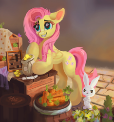 Size: 1280x1370 | Tagged: safe, artist:aristocatdraws, angel bunny, fluttershy, pegasus, pony, rabbit, g4, abacus, animal, barrel, bipedal, bipedal leaning, bits, carrot, cobblestone street, counter, crate, cropped, crossed arms, cute, duo, female, floppy ears, flower, folded wings, food, grin, herbivore, leaning, looking at someone, mare, market, money bag, outdoors, quill, raised hoof, shopping, shyabetes, smiling, stray strand, three quarter view, vegetables, wings