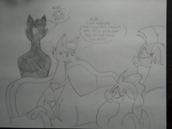 Size: 1024x768 | Tagged: safe, artist:princebluemoon3, ocellus, silverstream, oc, oc:blue (princebluemoon3), abyssinian, cat, changedling, changeling, hippogriff, kitsune, g4, abyssinian oc, blue, hearth's warming eve, monochrome, red, scared, sweat, sweatdrops, wavy mouth