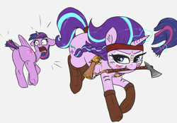 Size: 2488x1732 | Tagged: safe, artist:t72b, starlight glimmer, twilight sparkle, alicorn, pegasus, pony, g4, alternate hairstyle, axe, boots, braid, butt, face paint, female, gun, headband, historical roleplay starlight, lever action rifle, mare, mouth hold, native american, plot, rifle, scalping, shocked, shoes, tail, tomahawk, twilight sparkle (alicorn), warpaint, weapon, winchester