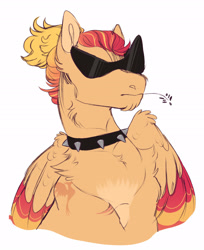 Size: 1920x2350 | Tagged: safe, artist:glorymoon, oc, oc only, pony, bust, choker, male, offspring, parent:big macintosh, parent:spitfire, parents:macinfire, portrait, simple background, solo, spiked choker, stallion, straw in mouth, sunglasses, tattoo, white background
