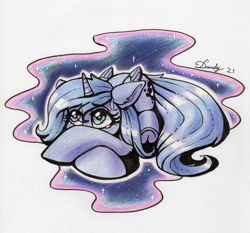 Size: 2684x2502 | Tagged: safe, artist:dandy, princess luna, tantabus, alicorn, pony, g4, colored pencil drawing, cowering, female, filly, filly luna, high res, newbie artist training grounds, scared, signature, solo, teary eyes, traditional art, woona, younger