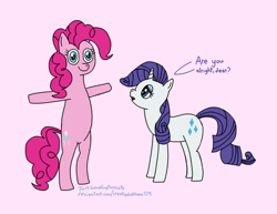 Size: 1234x955 | Tagged: safe, artist:justsomeguypassingby, pinkie pie, rarity, earth pony, pony, unicorn, g4, atg 2021, bipedal, cutie mark, derp, dialogue, duo, duo female, female, newbie artist training grounds, open mouth, standing, t pose, text