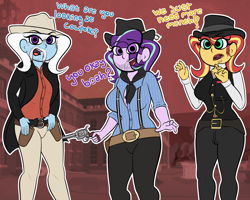 Size: 3000x2400 | Tagged: safe, artist:mrcakesboi, starlight glimmer, sunset shimmer, trixie, equestria girls, g4, cowboy, cowboy hat, female, hat, high res, open mouth, outlaw, red dead redemption, red dead redemption 2, trio, weapon, western, wild west