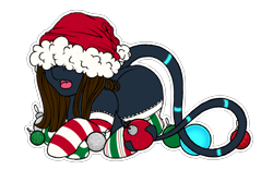 Size: 4800x3000 | Tagged: safe, artist:dewdropinn, oc, oc only, oc:lustrous, bauble, bioluminescent, christmas, clothes, commission, cute, cute little fangs, fangs, female, hat, hat over eyes, holiday, long tail, lying down, open mouth, palux, prone, santa hat, socks, stockings, striped socks, thigh highs