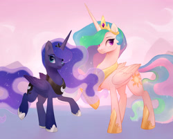 Size: 3840x3090 | Tagged: safe, artist:kodabomb, princess celestia, princess luna, alicorn, pony, g4, crown, cute, duo, ethereal mane, female, high res, jewelry, raised hoof, raised leg, regalia, royal sisters, siblings, sisters, smiling, starry mane, starry tail