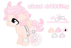Size: 1280x867 | Tagged: safe, artist:jvartes6112, oc, oc only, oc:cloud dressing, pegasus, pony, bandaid, bandaid on nose, colt, male, pegasus oc, reference sheet, simple background, smiling, solo, transparent background, wheelchair, wings