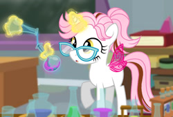 Size: 1280x867 | Tagged: safe, artist:jvartes6112, oc, oc only, oc:merida shy, alicorn, pony, alicorn oc, book, butterfly wings, chalkboard, erlenmeyer flask, female, filly, flask, glasses, glowing horn, horn, indoors, magic, offspring, parent:fluttershy, parent:oc:jv6112, parents:canon x oc, raised hoof, telekinesis, vial, wide eyes, wings