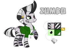 Size: 1280x867 | Tagged: safe, artist:jvartes6112, oc, oc only, oc:zumbo, pony, zebra, clothes, ear piercing, earring, jewelry, male, necklace, piercing, raised hoof, reference sheet, scar, simple background, smiling, solo, stallion, transparent background, zebra oc