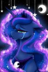 Size: 1080x1596 | Tagged: safe, artist:jvartes6112, princess luna, alicorn, pony, g4, bust, crescent moon, crying, ethereal mane, female, frown, galaxy mane, horn, jewelry, mare, moon, peytral, sad, solo, stars, tiara