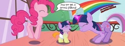 Size: 1352x503 | Tagged: safe, artist:mlp-silver-quill, edit, pinkie pie, pumpkin cake, twilight sparkle, earth pony, pony, unicorn, comic:waiting games, g4, baby, baby pony, babylight sparkle, bouncing, comic, cropped, dialogue, diaper, disguise, eyes closed, implied rainbow dash, magic, male, mortal twilight, out of context, smiling, speech bubble, superman, transformation, unicorn twilight, wig