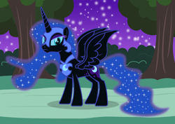 Size: 2794x1982 | Tagged: safe, artist:starcollider, nightmare moon, alicorn, pony, g4, atg 2021, female, forest, mare, missing accessory, newbie artist training grounds, show accurate, solo, spread wings, vector, wings