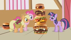 Size: 1280x720 | Tagged: safe, artist:heyitshayburgers, edit, edited screencap, screencap, applejack, pinkie pie, twilight sparkle, earth pony, pony, unicorn, applebuck season, g4, season 1, burger, cheeseburger, food, hamburger, spam oreo burger, western bacon cheeseburger