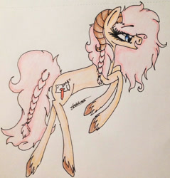 Size: 1654x1733 | Tagged: safe, artist:beamybutt, pony, braid, braided tail, eyelashes, open mouth, rearing, signature, smiling, solo, traditional art, unshorn fetlocks