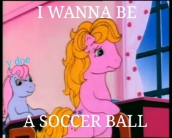 Size: 450x360 | Tagged: safe, clover (g1), starlight (g1), earth pony, pony, g1, duo, duo female, female, filly, foal, frown, g1 starlight is not amused, implied ace, implied soccer, meme, sad, smiling, unamused