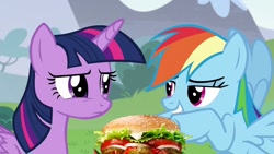 Size: 1280x720 | Tagged: safe, artist:heyitshayburgers, edit, edited screencap, screencap, rainbow dash, twilight sparkle, alicorn, pegasus, pony, g4, what about discord?, burger, female, food, hamburger, mare, twilight sparkle (alicorn)