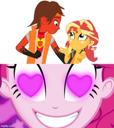 Size: 500x557 | Tagged: safe, artist:robertsonskywa1, idw, pinkie pie, sunset shimmer, equestria girls, g4, blushing, clothes, crack shipping, crossover, crossover shipping, heart eyes, holomatter avatar, imgflip, meme, rodimus, shipping, smiling, transformers, wingding eyes
