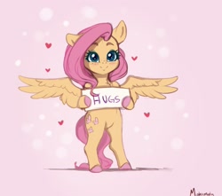 Size: 2656x2348 | Tagged: safe, artist:miokomata, fluttershy, pegasus, semi-anthro, abstract background, blushing, bronybait, colored hooves, cute, female, freckles, freckleshy, high res, hoof hold, hug request, looking at you, mare, shyabetes, sign, smiling, smiling at you, solo, spread wings, wings