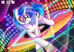 Size: 3508x2480 | Tagged: safe, artist:wavecipher, dj pon-3, vinyl scratch, pony, unicorn, g4, detailed background, high res, signature, solo, sunglasses, triangle