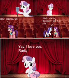 Size: 695x781 | Tagged: safe, rarity, spoiled rich, sweetie belle, earth pony, pony, unicorn, g4, one bad apple, bipedal, comic, crying, female, filly, mare, sibling love, singing, sisterly love, sitting, stage