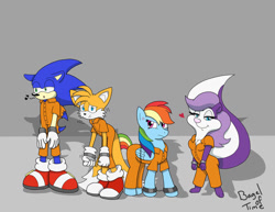 Size: 1017x786 | Tagged: safe, artist:bageloftime, rainbow dash, fox, hedgehog, pegasus, pony, skunk, anthro, g4, bound wings, clothes, cross-popping veins, crossover, cuffed, cuffs, female, fifi la fume, floating heart, frustrated, group, heart, jumpsuit, kit, male, mare, miles "tails" prower, music notes, prison jumpsuit, prison outfit, prisoner, prisoner rd, quartet, shivering, signature, smiling, sonic the hedgehog, sonic the hedgehog (series), tiny toon adventures, varying degrees of want, whistling, wings