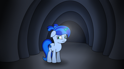 Size: 1920x1080 | Tagged: safe, artist:spritepony, oc, oc only, oc:sapphire gleam, pony, unicorn, alone, atg 2021, cave, dark, ears back, female, filly, horn, light, magic, newbie artist training grounds, scared, solo, standing, telekinesis, unicorn oc, younger