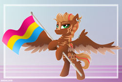 Size: 2720x1840 | Tagged: safe, artist:andaluce, oc, oc only, oc:aero, hybrid, pegasus, pony, zebra, zony, abstract background, bipedal, bipedal leaning, flag, high res, holding a flag, leaning, lineless, looking at you, male, pansexual pride flag, piercing, pride, pride flag, smiling, smiling at you, solo, spread wings, stallion, wings