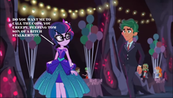 Size: 1366x768 | Tagged: safe, edit, edited screencap, screencap, sci-twi, timber spruce, twilight sparkle, equestria girls, g4, my little pony equestria girls: legend of everfree, clothes, dress, duo focus, text, tuxedo