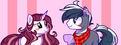 Size: 1725x647 | Tagged: safe, artist:mediasmile666, oc, oc only, earth pony, pony, unicorn, abstract background, blushing, duo, female, looking at each other, male, mare, raised hoof, stallion