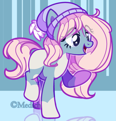 Size: 1537x1598 | Tagged: safe, artist:mediasmile666, oc, oc only, earth pony, pony, abstract background, coat markings, female, hat, mare, open mouth, raised hoof, raised leg, smiling, solo