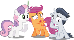 Size: 3411x1848 | Tagged: safe, artist:frownfactory, artist:slb94, edit, editor:slayerbvc, vector edit, rumble, scootaloo, sweetie belle, pegasus, pony, unicorn, g4, colt, cutie mark, derp, dizzy, female, filly, floppy ears, horn, male, oops, race swap, raised hoof, shocked, simple background, sitting, smoking horn, the cmc's cutie marks, transparent background, unicorn rumble, vector, what has magic done