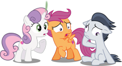 Size: 3411x1848 | Tagged: safe, alternate version, artist:frownfactory, artist:slb94, edit, editor:slayerbvc, vector edit, rumble, scootaloo, sweetie belle, earth pony, pegasus, pony, unicorn, g4, colt, cutie mark, derp, dizzy, earth pony rumble, female, filly, floppy ears, horn, male, oops, race swap, raised hoof, shocked, simple background, sitting, smoking horn, the cmc's cutie marks, transparent background, vector, what has magic done