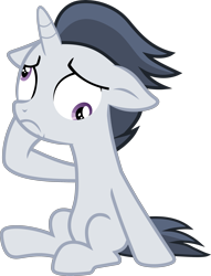Size: 2265x2972 | Tagged: safe, artist:frownfactory, edit, editor:slayerbvc, vector edit, rumble, pony, unicorn, g4, colt, derp, dizzy, floppy ears, high res, male, race swap, simple background, sitting, solo, transparent background, unicorn rumble, vector