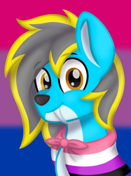 Size: 1020x1367 | Tagged: safe, artist:froyo15sugarblast, oc, oc only, oc:thundy, original species, pony, sabertooth pony, wolf, wolf pony, bisexual pride flag, cape, clothes, genderfluid, genderfluid pride flag, heterochromia, looking at you, mixed breed, pride, pride flag, pride month, smiling, smiling at you, solo