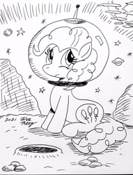 Size: 2606x3404 | Tagged: safe, artist:debmervin, pinkie pie, earth pony, pony, g4, black and white, earth, grayscale, high res, monochrome, moon, sad, space