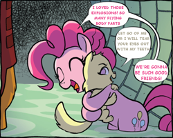 Size: 750x601 | Tagged: safe, artist:tonyfleecs, edit, idw, capper dapperpaws, molly, pinkie pie, abyssinian, cat, pony, g4, bipedal, comic, eyes closed, female, hug, male, offscreen character, open mouth, text edit, trio