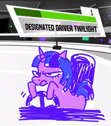 Size: 591x675 | Tagged: safe, artist:batshaped, twilight sparkle, pony, unicorn, g4, driving, female, jackbox, mare, solo, steering wheel, unicorn twilight