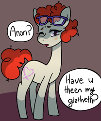 Size: 733x881 | Tagged: safe, alternate version, artist:/d/non, twist, earth pony, pony, g4, bags under eyes, blushing, female, furrowed brow, glasses, implied anon, lisp, long neck, looking at you, mare, necc, oblivious, older twist, one eye closed, simple background, speech bubble, talking to viewer
