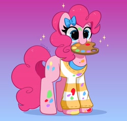 Size: 4096x3916 | Tagged: safe, artist:kittyrosie, pinkie pie, earth pony, pony, g4, absurd resolution, blushing, bow, clothes, cute, diapinkes, female, hair bow, mare, messy coloring, mouth hold, painting, palette, redraw, smiling, solo