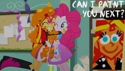 Size: 1280x720 | Tagged: safe, edit, edited screencap, editor:quoterific, screencap, pinkie pie, sunset shimmer, equestria girls, g4, my little pony equestria girls: summertime shorts, the art of friendship, cute, duo, duo female, eyes closed, female, hug, one eye closed, painting, shimmerbetes, smiling