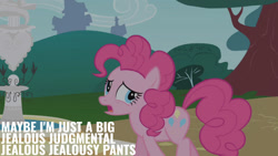 Size: 1280x720 | Tagged: safe, edit, edited screencap, editor:quoterific, screencap, pinkie pie, earth pony, pony, g4, griffon the brush off, season 1, female, mare, open mouth, solo, tree