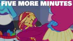 Size: 1280x720 | Tagged: safe, edit, edited screencap, editor:quoterific, screencap, pinkie pie, rainbow dash, sunset shimmer, equestria girls, g4, my little pony equestria girls: better together, wake up!, blanket, clothes, eyes closed, female, music festival outfit, open mouth, pajamas, trio, trio female
