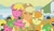 Size: 1255x720 | Tagged: safe, screencap, applejack, carrot top, cherry berry, golden harvest, earth pony, pony, g4, season 1, winter wrap up, :o, applejack's hat, bipedal, cart, cherry, cowboy hat, eyes closed, female, flower, food, hat, hug, leaf, o, o mouth, open mouth, plant team, singing, snow, trio, trio female, winter wrap up song, winter wrap up vest