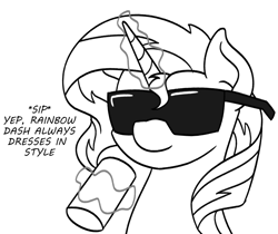 Size: 918x772 | Tagged: safe, artist:mkogwheel, sunset shimmer, pony, unicorn, g4, black and white, dialogue, female, grayscale, implied rainbow dash, levitation, magic, mare, monochrome, rainbow dash always dresses in style, simple background, soda can, solo, sunglasses, telekinesis, white background