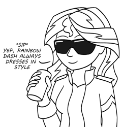 Size: 784x804 | Tagged: safe, artist:mkogwheel, sunset shimmer, equestria girls, g4, black and white, dialogue, female, grayscale, implied rainbow dash, monochrome, rainbow dash always dresses in style, simple background, soda can, solo, sunglasses, white background