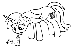 Size: 967x656 | Tagged: safe, artist:mkogwheel, lyra heartstrings, pony, unicorn, g4, black and white, carrot, female, food, gardening, grayscale, herbivore, horses doing horse things, mare, monochrome, mouth hold, pulling, simple background, solo, white background