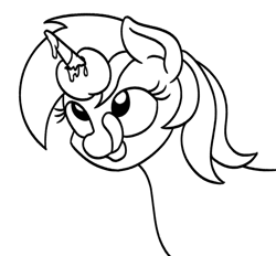 Size: 692x642 | Tagged: safe, artist:mkogwheel, lyra heartstrings, pony, unicorn, g4, apple, black and white, bust, female, food, grayscale, horn, horn impalement, licking, licking lips, mare, monochrome, silly, simple background, solo, tongue out, white background
