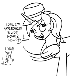 Size: 794x864 | Tagged: safe, artist:mkogwheel, lyra heartstrings, pony, unicorn, g4, black and white, countryisms, derp, female, grayscale, hat, howdy, implied applejack, l.u.l.s., mare, monochrome, offscreen character, simple background, solo, the far side, toy story, white background