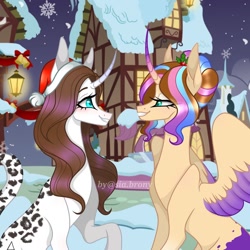 Size: 1000x1000 | Tagged: safe, artist:sia.brony, oc, oc only, oc:sia, alicorn, pony, alicorn oc, bedroom eyes, building, christmas, curved horn, duo, female, hat, holiday, horn, mare, night, outdoors, raised hoof, santa hat, smiling, snow, stars, two toned wings, wings